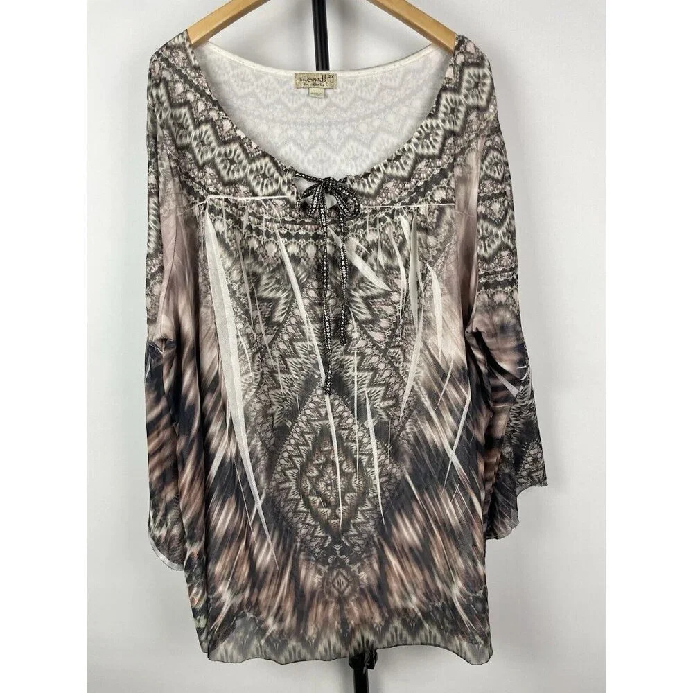 One World Live And Let Live Multicolor Mesh 3/4 Bell Sleeve Boho Pop Over Top 2X